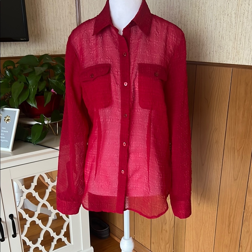 Evan-Picone Women’s Red Sheer Button Down Crinkle Blouse Size 10 Excellent